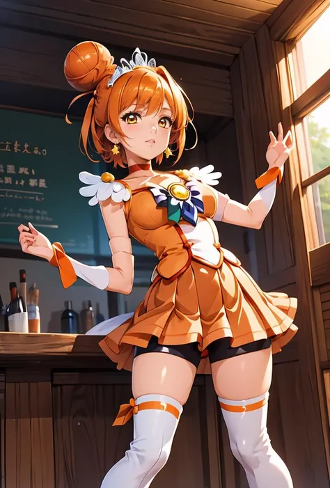 (masterpiece, best quality), 1girl, <lora:ãã¥ã¢ãµãã¼ Cure Sunny (Smile Pretty Cure):0.8> sunny_a, orange eyes, orange hair, single bun hair,, feather hair ornament, tiara, orange choker, cure sunny costume, orange shorts under skirt, orange shorts, boots,