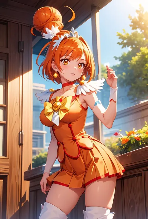 (masterpiece, best quality), 1girl,  <lora:ã­ã¥ã¢ãµãã¼ Cure Sunny (Smile Pretty Cure):0.8> sunny_a, orange eyes, orange hair, single bun hair,, feather hair ornament, tiara, orange choker, cure sunny costume,  orange shorts under skirt, orange shorts, boots,