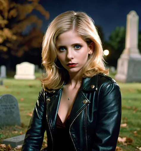 buffy the vampire slayer, beautiful gothic woman, blonde hair, RAW photo, (highly detailed skin:1.2), 8k uhd, dslr, soft lighting, wearing a black leather jacket, in a graveyard, tombstones, night, nighttime, dark sky, night sky. <lora:buffys01SDXLv3:.75> by william eggleston <lora:wegg_V3:.3>
