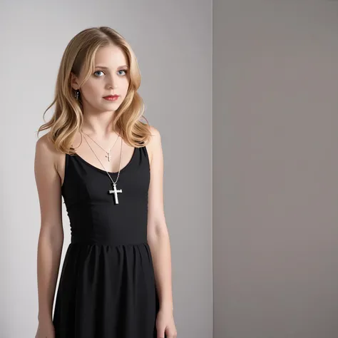 portrait, photo, beautiful gothic woman, blonde hair, black dress, cross necklace, RAW photo, (highly detailed skin:1.2), 8k uhd, dslr, soft lighting, high quality, film grain, Fujifilm XT3, <lora:buffys01SDXLv3:1>, skinny, slender