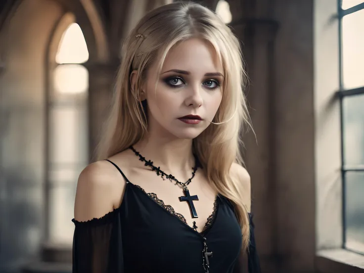 beautiful gothic woman, blonde hair, black dress, cross necklace, RAW photo, (highly detailed skin:1.2), 8k uhd, dslr, soft lighting, high quality, film grain, Fujifilm XT3, <lora:buffys01SDXLv3:1>