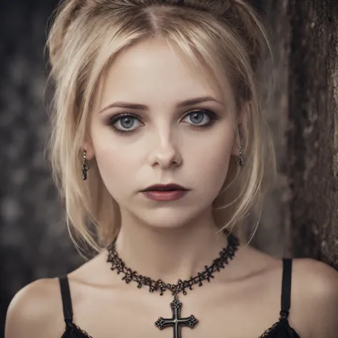 beautiful gothic woman, blonde hair, black dress, full body, cross necklace, RAW photo, (highly detailed skin:1.2), 8k uhd, dslr, soft lighting, high quality, film grain, Fujifilm XT3, <lora:buffys01SDXLv3:1>, <lora:SDXLNuclearBrushv2:0.2>