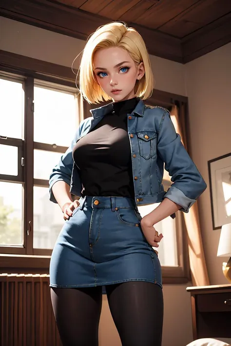 (masterpiece, best quality), 1girl,  <lora:android_18:1> android 18, blonde hair,short hair, blue eyes, jeans skirt,black pantyhose, black legwear, sleveless jeans open jacket,