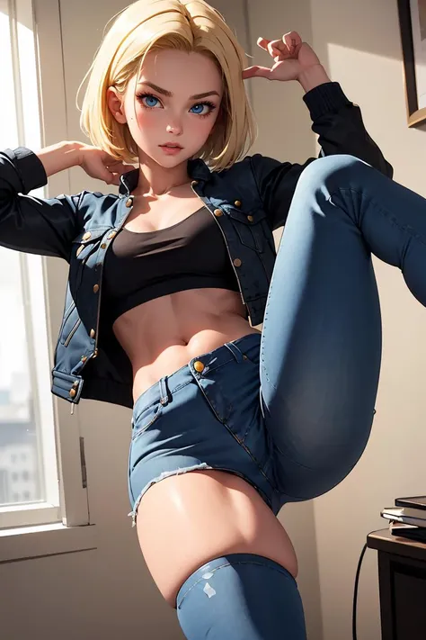 (masterpiece, best quality), 1girl,  <lora:android_18:1> android 18, blonde hair,short hair, blue eyes, jeans skirt, black legwear, sleveless jeans open jacket,