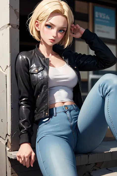 (masterpiece, best quality), 1girl,  <lora:android_18:1> android 18, blonde hair,short hair, blue eyes, jeans skirt,black pantyhose, black legwear, sleveless jeans open jacket,