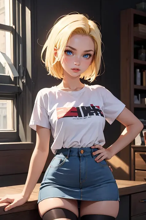 (masterpiece, best quality), 1girl,  <lora:android_18:1> android 18, blonde hair,short hair, blue eyes, jeans skirt, black legwear,