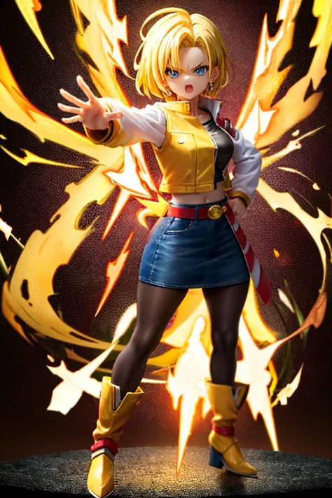 1girl, (glowing body:1.4), (body whole covered by yellow light like super saiyan:1.4), super saiyan, blue eyes, boots, brown footwear, earrings, jewelry, outstretched arm, outstretched hand, pantyhose, standing, hand on hip,
denim, black shirt, blonde hair, short hair, sleeveless jacket, denim jacket, denim skirt, solo, skirt, belt, brown belt, striped sleeves, closed mouth, long sleeves, Akira Toriyama,
rocks, high rocks, wilderness, blue sky,
full body, looking at viewer,
<lora:android_18:1>, android 18,
<lora:detail_slider_v4:2>,
<lora:emotion_angry_slider_v1:2>,