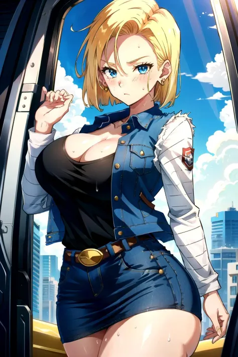 <lora:android_18:1>android 18, large breasts, belt, blue skirt, looking at viewer, denim, black shirt, short hair, sweat, solo, denim skirt, cleavage, skirt, blonde hair, thighs, blue eyes, shirt, vest, 1girl, earrings, blush, jacket, thick thighs, jewelry, long sleeves