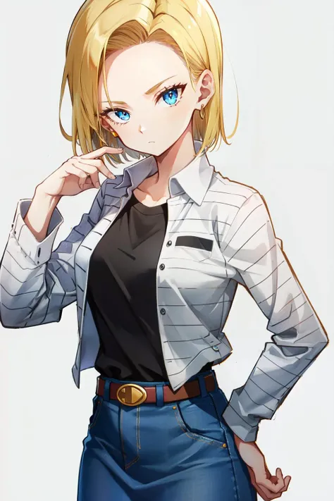 <lora:android_18:1>android 18, belt, grey background, looking at viewer, denim, striped, black shirt, short hair, solo, skirt, blonde hair, brown belt, blue eyes, striped sleeves, closed mouth, shirt, 1girl, earrings, simple background, jewelry, long sleeves