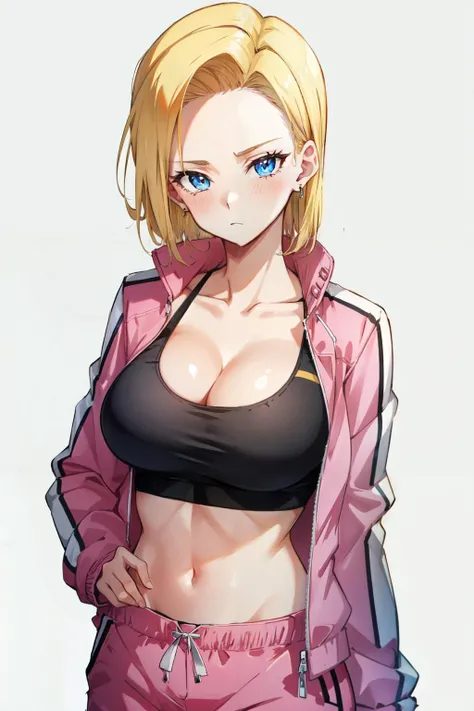 <lora:android_18:1>android 18, large breasts, grey background, sports bra, looking at viewer, short hair, solo, cleavage, blonde hair, pants, blue eyes, closed mouth, jewelry, 1girl, earrings, blush, jacket, simple background, pink jacket, collarbone