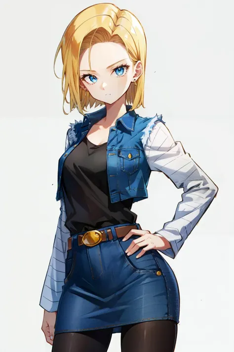 android 18, belt, hand on hip, looking at viewer, denim, white background, black shirt, short hair, denim skirt, solo, skirt, blonde hair, brown belt, blue eyes, striped sleeves, closed mouth, shirt, 1girl, earrings, simple background, jewelry, pantyhose, long sleeves <lora:android_18:1>