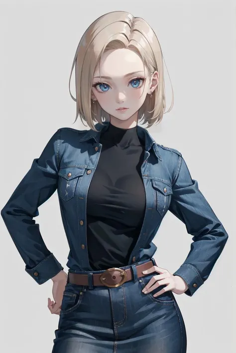 (8k), sharp focus, highres, 1girl, solo, android 18, blonde hair,short hair, blue eyes, belt, hand on hip, denim, black shirt, denim skirt, skirt, brown belt, striped sleeves, closed mouth, shirt, earrings, simple background, jewelry, pantyhose, long sleeves, (high quality:1.2), (high detail:1.2), (masterpiece:1.2), (extremely detailed:1.2) <lora:android_18:0.8>