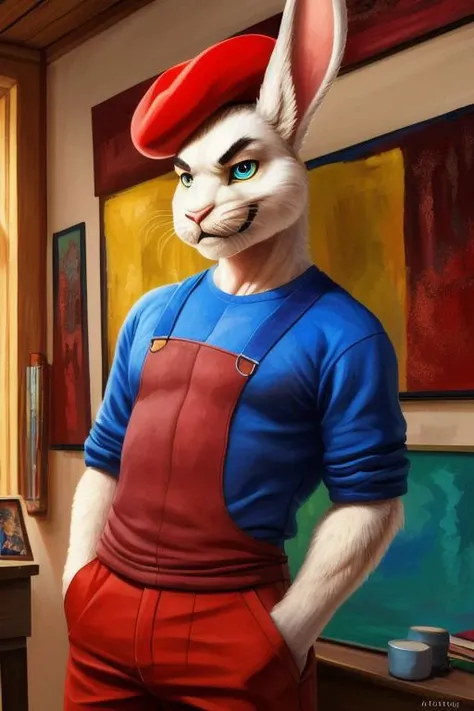Barefoot furry character, full body, solo, furry male, vivid colors, cinematic.
Free-spirited white fur rabbit art teacher wearing a red beret and long red pants under paint-splattered apron, surrounded by easels and canvases. This rabbit represents the evil embodiment of art as a school subject, depicting stereotypes and prejudices towards art teachers. Evil smile, blue iris of eyes, arrogant, grumpy. He is situated in art studio class. Nice big feet paws.
BREAK, detailed background, 8K, (masterpiece:1.5), intricate details, highly detailed, extreme detail, octane render, Professional Photography, fine art, best quality, highres, (detailed face:1.5), ((full_body)), UHD, (((perfect hands))), low ligth:1.2