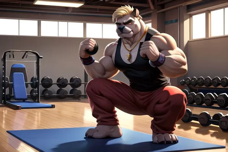 Barefoot furry character, full body, solo, furry male, vivid colors, cinematic.
Strict brawny bulldog coach with dark brown and black fur wearing a whistle around his neck and a red sweatband on his forehead. This bulldog represents the evil embodiment of physical education as a school subject, depicting stereotypes and prejudices towards school coaches. Evil smile, gold iris of eyes, buzz cut hair style (blond hair), yellow tank top, red pants, arrogant, grumpy. He is situated in gymnasium full of gym equipment like dumbbells, jump ropes, and exercise mats. Nice big feet paws.
BREAK, detailed background, 8K, (masterpiece:1.5), intricate details, highly detailed, extreme detail, octane render, Professional Photography, fine art, best quality, highres, (detailed face:1.5), ((full_body)), UHD, (((perfect hands))), low ligth:1.2