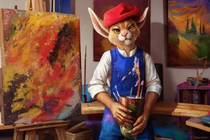 Barefoot furry character, full body, solo, furry male, vivid colors, cinematic.
Free-spirited white fur rabbit art teacher wearing a red beret and long red pants under paint-splattered apron, surrounded by easels and canvases. This rabbit represents the evil embodiment of art as a school subject, depicting stereotypes and prejudices towards art teachers. Evil smile, blue iris of eyes, arrogant, grumpy. He is situated in art studio class. Nice big feet paws.
BREAK, detailed background, 8K, (masterpiece:1.5), intricate details, highly detailed, extreme detail, octane render, Professional Photography, fine art, best quality, highres, (detailed face:1.5), ((full_body)), UHD, (((perfect hands))), low ligth:1.2