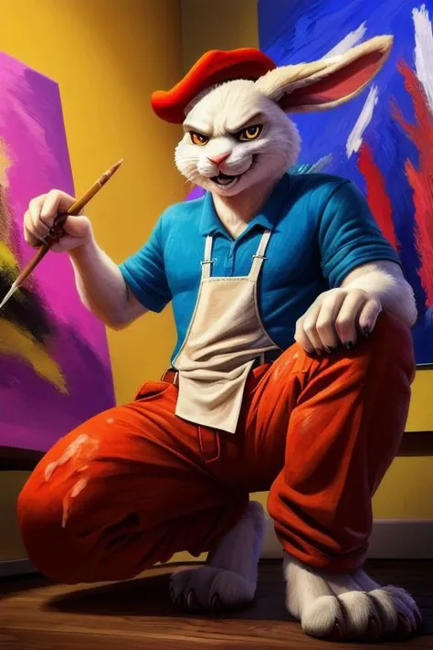 Barefoot furry character, full body, solo, furry male, vivid colors, cinematic.
Free-spirited white fur rabbit art teacher wearing a red beret and long red pants under paint-splattered apron, surrounded by easels and canvases. This rabbit represents the evil embodiment of art as a school subject, depicting stereotypes and prejudices towards art teachers. Evil smile, blue iris of eyes, arrogant, grumpy. He is situated in art studio class. Nice big feet paws.
BREAK, detailed background, 8K, (masterpiece:1.5), intricate details, highly detailed, extreme detail, octane render, Professional Photography, fine art, best quality, highres, (detailed face:1.5), ((full_body)), UHD, (((perfect hands))), low ligth:1.2