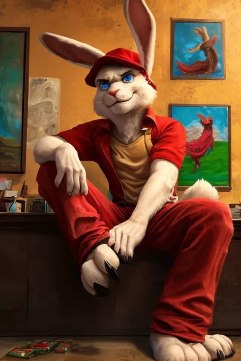 Barefoot furry character, full body, solo, furry male, vivid colors, cinematic.
Free-spirited white fur rabbit art teacher wearing a red beret and long red pants under paint-splattered apron, surrounded by easels and canvases. This rabbit represents the evil embodiment of art as a school subject, depicting stereotypes and prejudices towards art teachers. Evil smile, blue iris of eyes, arrogant, grumpy. He is situated in art studio class. Nice big feet paws.
BREAK, detailed background, 8K, (masterpiece:1.5), intricate details, highly detailed, extreme detail, octane render, Professional Photography, fine art, best quality, highres, (detailed face:1.5), ((full_body)), UHD, (((perfect hands))), low ligth:1.2