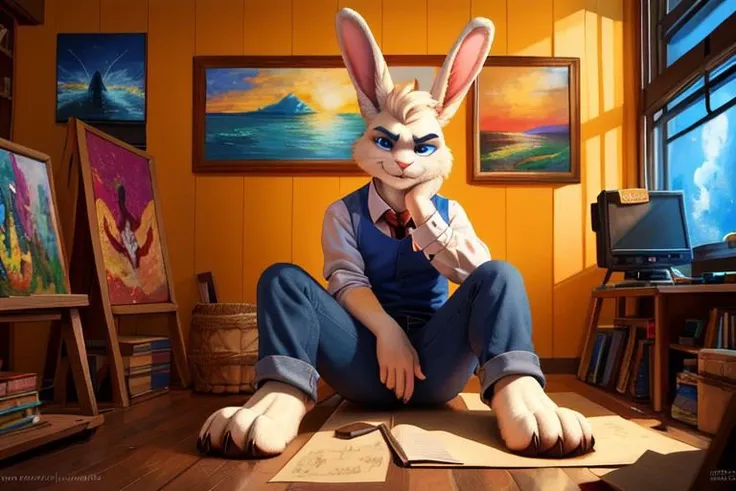Barefoot furry character, full body, solo, furry male, vivid colors, cinematic.
Free-spirited white fur rabbit art teacher wearing a red beret and long red pants under paint-splattered apron, surrounded by easels and canvases. This rabbit represents the evil embodiment of art as a school subject, depicting stereotypes and prejudices towards art teachers. Evil smile, blue iris of eyes, arrogant, grumpy. He is situated in art studio class. Nice big feet paws.
BREAK, detailed background, 8K, (masterpiece:1.5), intricate details, highly detailed, extreme detail, octane render, Professional Photography, fine art, best quality, highres, (detailed face:1.5), ((full_body)), UHD, (((perfect hands))), low ligth:1.2