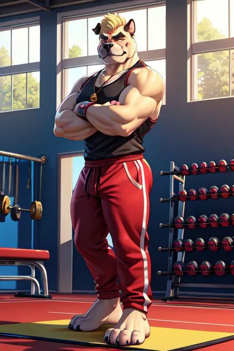 Barefoot furry character, full body, solo, furry male, vivid colors, cinematic.
Strict brawny bulldog coach with dark brown and black fur wearing a whistle around his neck and a red sweatband on his forehead. This bulldog represents the evil embodiment of physical education as a school subject, depicting stereotypes and prejudices towards school coaches. Evil smile, gold iris of eyes, buzz cut hair style (blond hair), yellow tank top, red pants, arrogant, grumpy. He is situated in gymnasium full of gym equipment like dumbbells, jump ropes, and exercise mats. Nice big feet paws.
BREAK, detailed background, 8K, (masterpiece:1.5), intricate details, highly detailed, extreme detail, octane render, Professional Photography, fine art, best quality, highres, (detailed face:1.5), ((full_body)), UHD, (((perfect hands))), low ligth:1.2