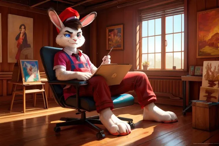 Barefoot furry character, full body, solo, furry male, vivid colors, cinematic.
Free-spirited white fur rabbit art teacher wearing a red beret and long red pants under paint-splattered apron, surrounded by easels and canvases. This rabbit represents the evil embodiment of art as a school subject, depicting stereotypes and prejudices towards art teachers. Evil smile, blue iris of eyes, arrogant, grumpy. He is situated in art studio class. Nice big feet paws.
BREAK, detailed background, 8K, (masterpiece:1.5), intricate details, highly detailed, extreme detail, octane render, Professional Photography, fine art, best quality, highres, (detailed face:1.5), ((full_body)), UHD, (((perfect hands))), low ligth:1.2