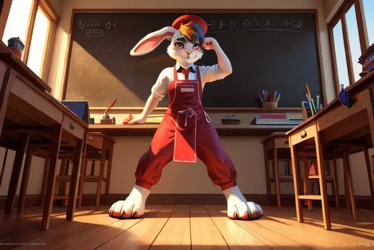 Barefoot furry character, full body, solo, furry male, vivid colors, cinematic.
Free-spirited himbo white fur rabbit teacher wearing a red beret and long red pants under paint-splattered apron, surrounded by easels and canvases. This rabbit represents the evil embodiment of art as a school subject, depicting stereotypes and prejudices towards art teachers. Evil smile, blue iris of eyes, arrogant, grumpy. He is situated in art studio. Nice big feet paws.
BREAK, detailed background, 8K, (masterpiece:1.5), intricate details, highly detailed, extreme detail, octane render, Professional Photography, fine art, best quality, highres, (detailed face:1.5), ((full_body)), UHD, (((perfect hands))), low ligth:1.2