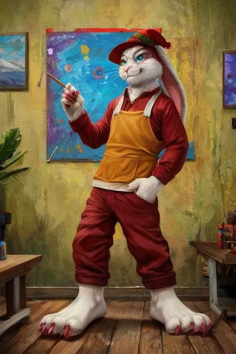 Barefoot furry character, full body, solo, furry male, vivid colors, cinematic.
Free-spirited white fur rabbit art teacher wearing a red beret and long red pants under paint-splattered apron, surrounded by easels and canvases. This rabbit represents the evil embodiment of art as a school subject, depicting stereotypes and prejudices towards art teachers. Evil smile, blue iris of eyes, arrogant, grumpy. He is situated in art studio class. Nice big feet paws.
BREAK, detailed background, 8K, (masterpiece:1.5), intricate details, highly detailed, extreme detail, octane render, Professional Photography, fine art, best quality, highres, (detailed face:1.5), ((full_body)), UHD, (((perfect hands))), low ligth:1.2