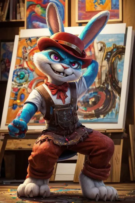 Barefoot furry character, full body, solo, furry male, vivid colors, cinematic.
Free-spirited white fur rabbit art teacher wearing a red beret and long red pants under paint-splattered apron, surrounded by easels and canvases. This rabbit represents the evil embodiment of art as a school subject, depicting stereotypes and prejudices towards art teachers. Evil smile, blue iris of eyes, arrogant, grumpy. He is situated in art studio class. Nice big feet paws.
BREAK, detailed background, 8K, (masterpiece:1.5), intricate details, highly detailed, extreme detail, octane render, Professional Photography, fine art, best quality, highres, (detailed face:1.5), ((full_body)), UHD, (((perfect hands))), low ligth:1.2