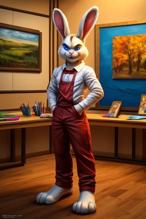 Barefoot furry character, full body, solo, furry male, vivid colors, cinematic.
Free-spirited white fur rabbit art teacher wearing a red beret and long red pants under paint-splattered apron, surrounded by easels and canvases. This rabbit represents the evil embodiment of art as a school subject, depicting stereotypes and prejudices towards art teachers. Evil smile, blue iris of eyes, arrogant, grumpy. He is situated in art studio class. Nice big feet paws.
BREAK, detailed background, 8K, (masterpiece:1.5), intricate details, highly detailed, extreme detail, octane render, Professional Photography, fine art, best quality, highres, (detailed face:1.5), ((full_body)), UHD, (((perfect hands))), low ligth:1.2