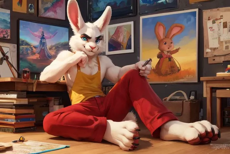 Barefoot furry character, full body, solo, furry male, vivid colors, cinematic.
Free-spirited white fur rabbit art teacher wearing a red beret and long red pants under paint-splattered apron, surrounded by easels and canvases. This rabbit represents the evil embodiment of art as a school subject, depicting stereotypes and prejudices towards art teachers. Evil smile, blue iris of eyes, arrogant, grumpy. He is situated in art studio class. Nice big feet paws.
BREAK, detailed background, 8K, (masterpiece:1.5), intricate details, highly detailed, extreme detail, octane render, Professional Photography, fine art, best quality, highres, (detailed face:1.5), ((full_body)), UHD, (((perfect hands))), low ligth:1.2
