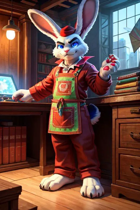Barefoot furry character, full body, solo, furry male, vivid colors, cinematic.
Free-spirited himbo white fur rabbit teacher wearing a red beret and long red pants under paint-splattered apron, surrounded by easels and canvases. This rabbit represents the evil embodiment of art as a school subject, depicting stereotypes and prejudices towards art teachers. Evil smile, blue iris of eyes, arrogant, grumpy. He is situated in art studio. Nice big feet paws.
BREAK, detailed background, 8K, (masterpiece:1.5), intricate details, highly detailed, extreme detail, octane render, Professional Photography, fine art, best quality, highres, (detailed face:1.5), ((full_body)), UHD, (((perfect hands))), low ligth:1.2