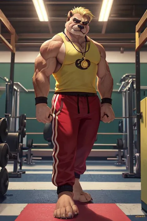 Barefoot furry character, full body, solo, furry male, vivid colors, cinematic.
Strict brawny bulldog coach with dark brown and black fur wearing a whistle around his neck and a red sweatband on his forehead. This bulldog represents the evil embodiment of physical education as a school subject, depicting stereotypes and prejudices towards school coaches. Evil smile, gold iris of eyes, buzz cut hair style (blond hair), yellow tank top, red pants, arrogant, grumpy. He is situated in gymnasium full of gym equipment like dumbbells, jump ropes, and exercise mats. Nice big feet paws.
BREAK, detailed background, 8K, (masterpiece:1.5), intricate details, highly detailed, extreme detail, octane render, Professional Photography, fine art, best quality, highres, (detailed face:1.5), ((full_body)), UHD, (((perfect hands))), low ligth:1.2