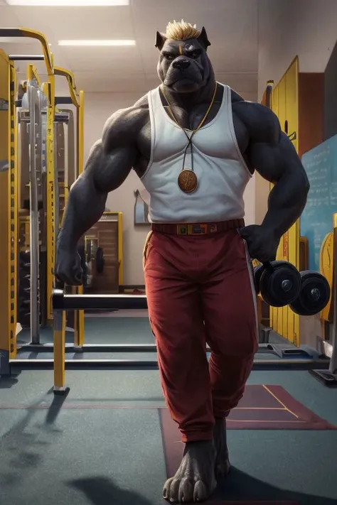 Barefoot furry character, full body, solo, furry male, vivid colors, cinematic.
Strict brawny bulldog coach with dark brown and black fur wearing a whistle around his neck and a red sweatband on his forehead. This bulldog represents the evil embodiment of physical education as a school subject, depicting stereotypes and prejudices towards school coaches. Evil smile, gold iris of eyes, buzz cut hair style (blond hair), yellow tank top, red pants, arrogant, grumpy. He is situated in gymnasium full of gym equipment like dumbbells, jump ropes, and exercise mats. Nice big feet paws.
BREAK, detailed background, 8K, (masterpiece:1.5), intricate details, highly detailed, extreme detail, octane render, Professional Photography, fine art, best quality, highres, (detailed face:1.5), ((full_body)), UHD, (((perfect hands))), low ligth:1.2