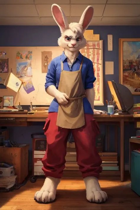 Barefoot furry character, full body, solo, furry male, vivid colors, cinematic.
Free-spirited white fur rabbit art teacher wearing a red beret and long red pants under paint-splattered apron, surrounded by easels and canvases. This rabbit represents the evil embodiment of art as a school subject, depicting stereotypes and prejudices towards art teachers. Evil smile, blue iris of eyes, arrogant, grumpy. He is situated in art studio class. Nice big feet paws.
BREAK, detailed background, 8K, (masterpiece:1.5), intricate details, highly detailed, extreme detail, octane render, Professional Photography, fine art, best quality, highres, (detailed face:1.5), ((full_body)), UHD, (((perfect hands))), low ligth:1.2