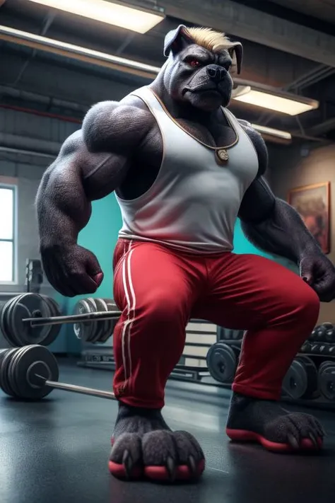 Barefoot furry character, full body, solo, furry male, vivid colors, cinematic.
Strict brawny bulldog coach with dark brown and black fur wearing a whistle around his neck and a red sweatband on his forehead. This bulldog represents the evil embodiment of physical education as a school subject, depicting stereotypes and prejudices towards school coaches. Evil smile, gold iris of eyes, buzz cut hair style (blond hair), yellow tank top, red pants, arrogant, grumpy. He is situated in gymnasium full of gym equipment like dumbbells, jump ropes, and exercise mats. Nice big feet paws.
BREAK, detailed background, 8K, (masterpiece:1.5), intricate details, highly detailed, extreme detail, octane render, Professional Photography, fine art, best quality, highres, (detailed face:1.5), ((full_body)), UHD, (((perfect hands))), low ligth:1.2
