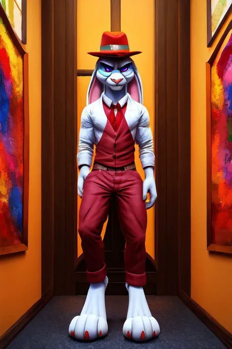 Barefoot furry character, full body, solo, furry male, vivid colors, cinematic.
Free-spirited white fur rabbit art teacher wearing a red beret and long red pants under paint-splattered apron, surrounded by easels and canvases. This rabbit represents the evil embodiment of art as a school subject, depicting stereotypes and prejudices towards art teachers. Evil smile, blue iris of eyes, arrogant, grumpy. He is situated in art studio class. Nice big feet paws.
BREAK, detailed background, 8K, (masterpiece:1.5), intricate details, highly detailed, extreme detail, octane render, Professional Photography, fine art, best quality, highres, (detailed face:1.5), ((full_body)), UHD, (((perfect hands))), low ligth:1.2