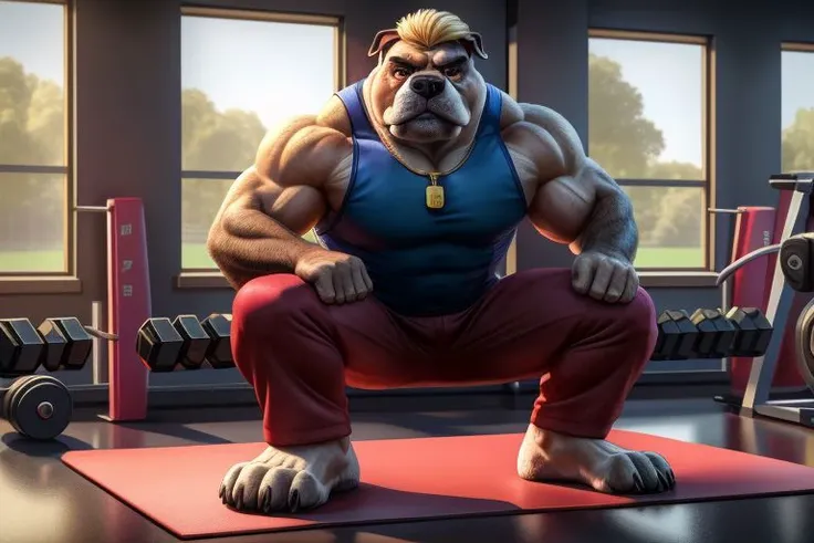 Barefoot furry character, full body, solo, furry male, vivid colors, cinematic.
Strict brawny bulldog coach with dark brown and black fur wearing a whistle around his neck and a red sweatband on his forehead. This bulldog represents the evil embodiment of physical education as a school subject, depicting stereotypes and prejudices towards school coaches. Evil smile, gold iris of eyes, buzz cut hair style (blond hair), yellow tank top, red pants, arrogant, grumpy. He is situated in gymnasium full of gym equipment like dumbbells, jump ropes, and exercise mats. Nice big feet paws.
BREAK, detailed background, 8K, (masterpiece:1.5), intricate details, highly detailed, extreme detail, octane render, Professional Photography, fine art, best quality, highres, (detailed face:1.5), ((full_body)), UHD, (((perfect hands))), low ligth:1.2