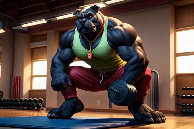 Barefoot furry character, full body, solo, furry male, vivid colors, cinematic.
Strict brawny bulldog coach with dark brown and black fur wearing a whistle around his neck and a red sweatband on his forehead. This bulldog represents the evil embodiment of physical education as a school subject, depicting stereotypes and prejudices towards school coaches. Evil smile, gold iris of eyes, buzz cut hair style (blond hair), yellow tank top, red pants, arrogant, grumpy. He is situated in gymnasium full of gym equipment like dumbbells, jump ropes, and exercise mats. Nice big feet paws.
BREAK, detailed background, 8K, (masterpiece:1.5), intricate details, highly detailed, extreme detail, octane render, Professional Photography, fine art, best quality, highres, (detailed face:1.5), ((full_body)), UHD, (((perfect hands))), low ligth:1.2