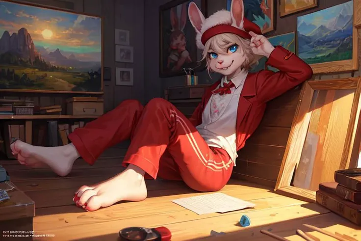 Barefoot furry character, full body, solo, furry male, vivid colors, cinematic.
Free-spirited white fur rabbit art teacher wearing a red beret and long red pants under paint-splattered apron, surrounded by easels and canvases. This rabbit represents the evil embodiment of art as a school subject, depicting stereotypes and prejudices towards art teachers. Evil smile, blue iris of eyes, arrogant, grumpy. He is situated in art studio class. Nice big feet paws.
BREAK, detailed background, 8K, (masterpiece:1.5), intricate details, highly detailed, extreme detail, octane render, Professional Photography, fine art, best quality, highres, (detailed face:1.5), ((full_body)), UHD, (((perfect hands))), low ligth:1.2