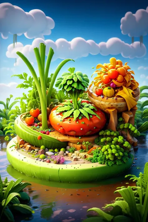 masterpiece,best quality,miniature photography,giant celery,winding river,rain and fog,vegetable,large leaf,tomato,cauliflower,