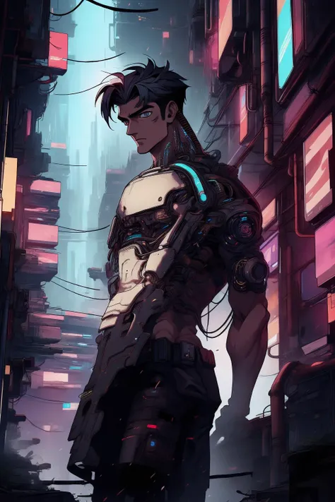 in the style of AImanhwa masterpiece,best quality,ultra detailed,detailed eyes,
1male,upper body,perfect handsome face,(short hair:1.3),dark skin,broad shoulders,narrow waist,
dynamic pose,<lyco:_GoodHands-beta2:1>,<lora:2Dthickline_fp16:1>,<lora:_Detail Tweaker:0.8>,(cyberpunk<lora:CyberPunkAI:0.8>),