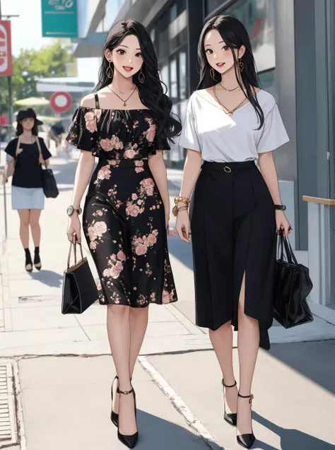 in the style of AImanhwa, 2girls, bag, bangle, black footwear, black hair, blouse, bracelet, dress, earrings, floral print, handbag, high heels, holding, holding bag, jewelry, long hair, looking at viewer, multiple girls, open mouth, short sleeves, shoulder bag, skirt, smile, standing, strappy heels, watch, white footwear, wristwatch ,<lora:epiNoiseoffset_v2:1>
