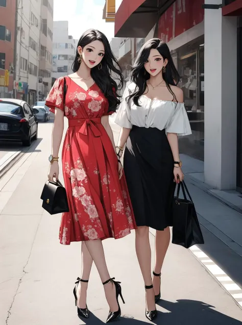 in the style of AImanhwa, 2girls, bag, bangle, black footwear, black hair, blouse, bracelet, dress, earrings, floral print, handbag, high heels, holding, holding bag, jewelry, long hair, looking at viewer, multiple girls, open mouth, short sleeves, shoulder bag, skirt, smile, standing, strappy heels, watch, white footwear, wristwatch ,<lora:epiNoiseoffset_v2:1>