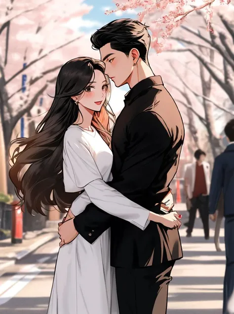 in the style of AImanhwa, Male and female students, men wearing white shirts with long sleeves and black pants, women wearing short-sleeved shirts with black narrow skirts, embracing each other in the middle of the street, flower, sakura tree