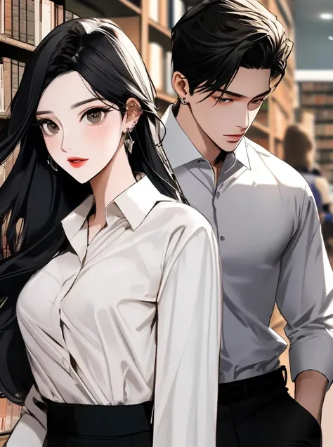 in the style of AImanhwa, Male and female students, men wearing white shirts with long sleeves and black pants, women wearing short-sleeved shirts with black narrow skirts, embracing each other in the library, by the window, on the bookshelves, the light is drawn towards. face affects person, Korean art style,ultra-realistic, master piece, UHD, awrad winning design, Artstation, (ultra detailed), (illustration) ,(masterpiece:1.2),(best quality:1.2)