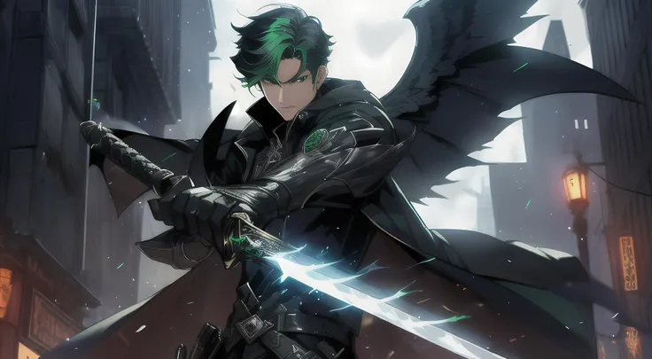 ((21charturnerv2)), ( male), (((solo))), demon hunter ((random hair)) , ((gothic )) , sword stance , sword with aura ,((random hair)) , ((random color)) , ((random face)) , ((demon city in background)) , black and green lightning , (( power of angel )), ((detailed eye)) , ((detailed face))
