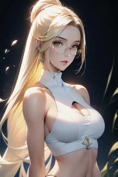 Create a visually stunning depiction of a mature female android with an aura of hope and happiness. Emphasize her exquisite beauty and high quality by incorporating detailed features, such as perfect eyes, a symmetrical face, and flower-shaped pupils. Enhance her appearance with long, golden yellow hair, a slim physique, and a perfect body. The character should exude a sense of peace and tranquility, set against a calming and happy background. Consider adding ambient soft lighting to accentuate her features and create a serene atmosphere. To further enhance the character's appeal, include glasses, a crop top, and pants that complement her aesthetic. The artwork should be rendered in 4K resolution with absurdly high detail, showcasing the android's flawless design. Optionally, you can explore a style with soft blending and delicate textures to add an ethereal touch to the artwork. Please name the character 'Lora' and ensure that she retains her android-seams for authenticity., (Watercolor)