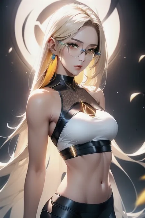 Create a visually stunning depiction of a mature female android with an aura of hope and happiness. Emphasize her exquisite beauty and high quality by incorporating detailed features, such as perfect eyes, a symmetrical face, and flower-shaped pupils. Enhance her appearance with long, golden yellow hair, a slim physique, and a perfect body. The character should exude a sense of peace and tranquility, set against a calming and happy background. Consider adding ambient soft lighting to accentuate her features and create a serene atmosphere. To further enhance the character's appeal, include glasses, a crop top, and pants that complement her aesthetic. The artwork should be rendered in 4K resolution with absurdly high detail, showcasing the android's flawless design. Optionally, you can explore a style with soft blending and delicate textures to add an ethereal touch to the artwork. Please name the character 'Lora' and ensure that she retains her android-seams for authenticity., (Digital art)