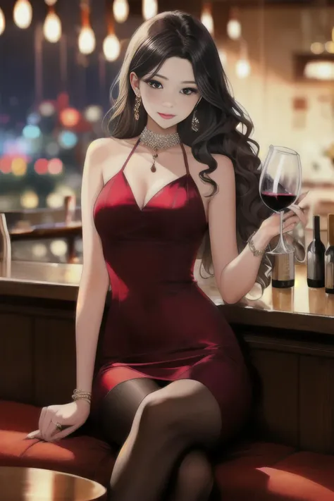 Amazing art in the style of AImanhwa, UHD, award winning art, Artstation, (ultra detailed), (illustration), (masterpiece:1.2), (best quality:1.2), (glossy skin:1.2),
BREAK, (1girl:1.2), (Korean:1.2), (31 years old:1.3), (medium breasts:1.2), (perky breasts:1.1), (long wavy black messy hair:1.3),
BREAK (stylish evening dress:1.2), (glossy tights:1.2), (blushing:1.2), (very happy:1.2), (Jewellery:1.3),
BREAK, (night:1.2), (sitting at a bar:1.0), (indoors:1.2), (drinking wine:1.2), (date night:1.1), (waiting for her date to arrive:1.2),
BREAK, (looking at viewer:1.3), (bokeh:1.2), (blurry background:1.2)