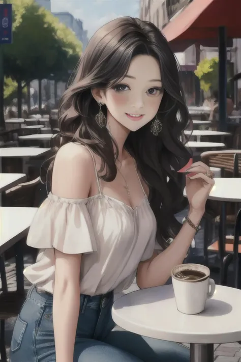 in the style of AImanhwa, master piece, UHD, awrad winning design, Artstation, (ultra detailed), (illustration), (masterpiece:1.2), (best quality:1.2), (glossy skin:1.2),
BREAK, (1girl:1.2), (Korean:1.2), (31 years old:1.3), (medium breasts:1.2), (perky breasts:1.1), (long wavy black messy hair:1.3), (cream spaghetti strap silk blouse:1.2),
BREAK (tight ripped denim jeans:1.2), (blush:1.2), (smiling:1.2), (very happy:1.2), (Jewellery:1.3),
BREAK, (day:1.2), (sitting on a cafe chair:1.0), (outdoor cafe table:1.2), (drinking coffee:1.2), (street cafe:1.2),
BREAK, (looking at viewer:1.3), (European city background:1.2),