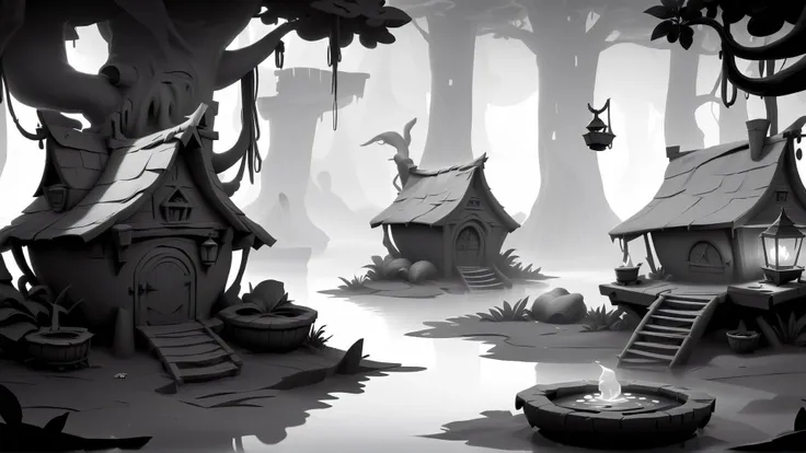 <lora:WhiteboxStyleXL:1>WhiteboxStyle Swampy Witch's Hut: Muddy water, gnarled trees, bubbling cauldron, flickering lanterns, mysterious herbs. monochrome, ambient occlusion, <lora:WhiteboxStyle:0.8> WhiteboxStyle, observatory, (Masterpiece:1.3) (best quality:1.2) (high quality:1.1)